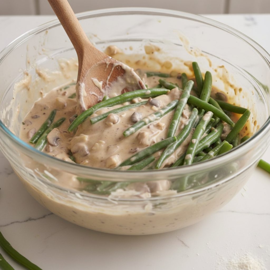 A close-up of blanched green beans being gently folded into a creamy mushroom soup mixture in a glass bowl, a key step in pre