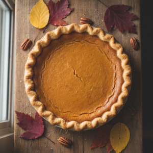 Classic Pumpkin Pie 4 Overhead view of a beautiful Classic Pumpkin Pie on a wooden board, ready for a fall gathering. The perfect pumpkin pie recip