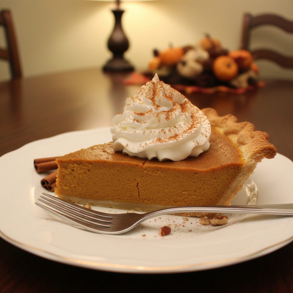 Classic Pumpkin Pie 3 A perfectly plated slice of Classic Pumpkin Pie with whipped cream and cinnamon, ready to be served. This classic pumpkin pie
