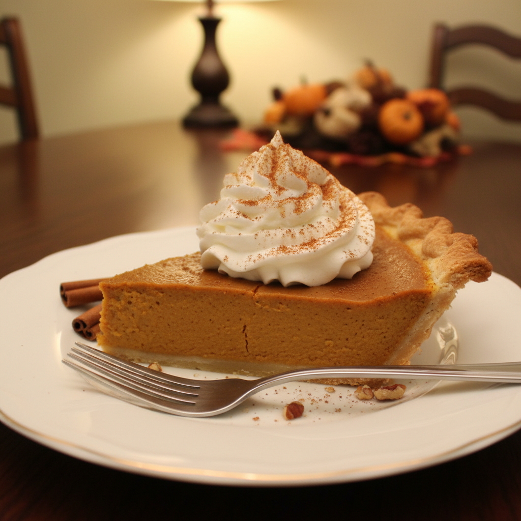 Classic Pumpkin Pie 3 A perfectly plated slice of Classic Pumpkin Pie with whipped cream and cinnamon, ready to be served. This classic pumpkin pie