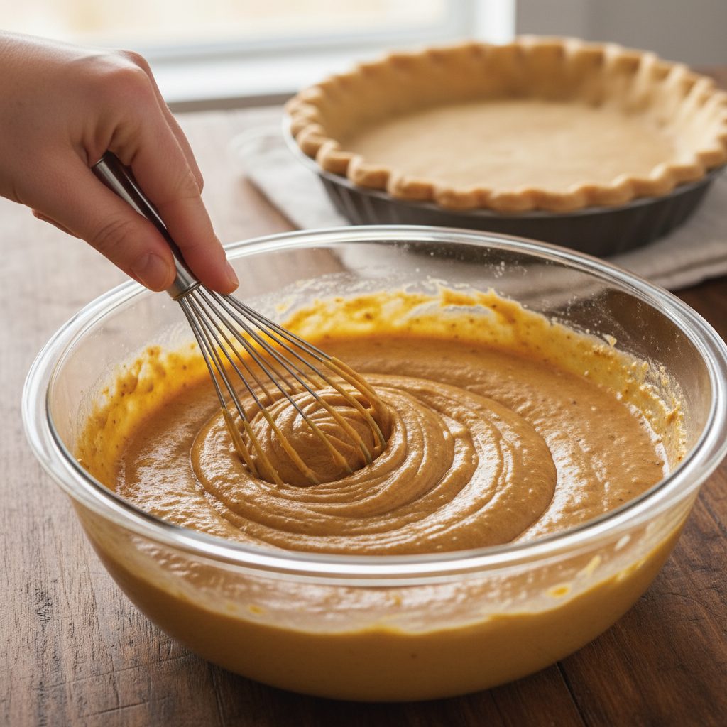 Classic Pumpkin Pie 2 Hands whisking the creamy pumpkin filling in a glass bowl, a key step in preparing this delicious pumpkin pie recipe.
