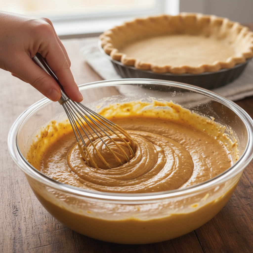 Classic Pumpkin Pie 2 Hands whisking the creamy pumpkin filling in a glass bowl, a key step in preparing this delicious pumpkin pie recipe.