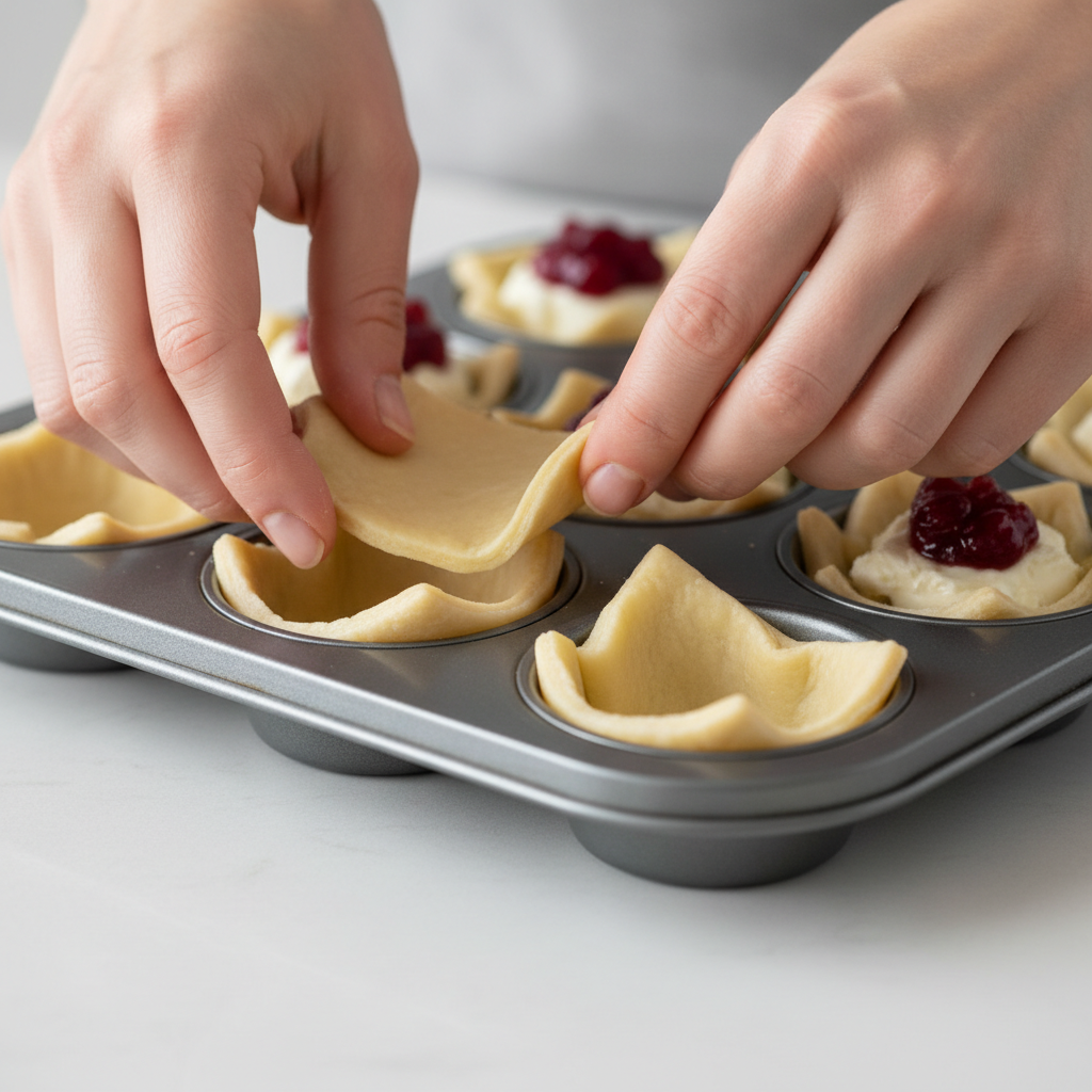 Hands pressing puff pastry into a mini muffin cup, showing the assembly process for cranberry brie bites.