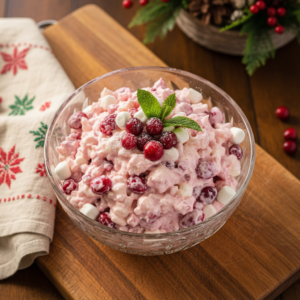 Overhead view of a vibrant Cranberry Fluff Salad in a clear glass bowl, garnished with whole cranberries, perfect for holiday