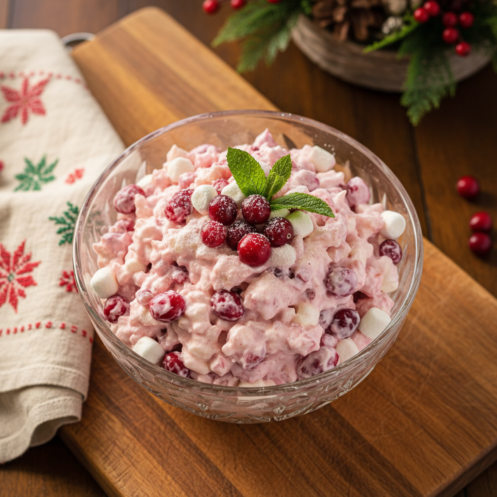 Overhead view of a vibrant Cranberry Fluff Salad in a clear glass bowl, garnished with whole cranberries, perfect for holiday