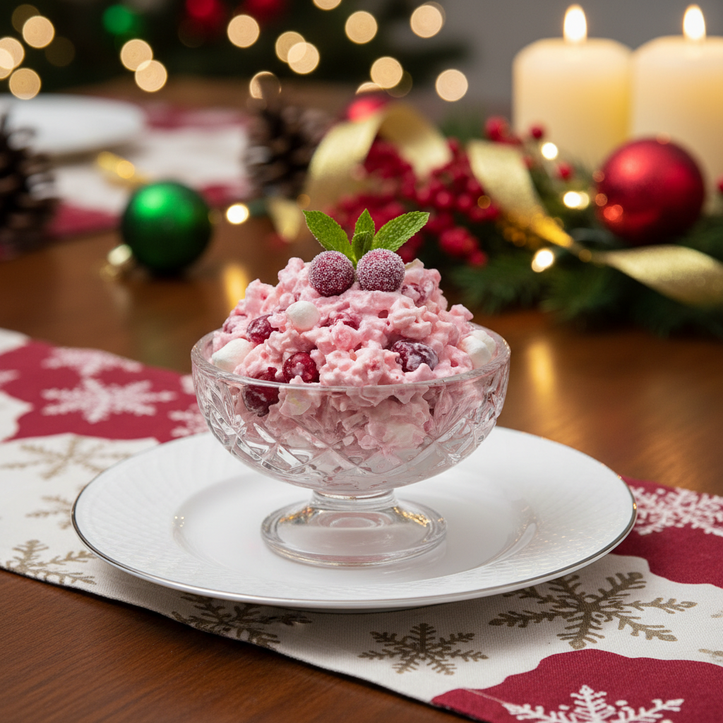 A beautifully plated individual serving of creamy Cranberry Fluff Salad in a small glass dish, garnished with mint, ready to 
