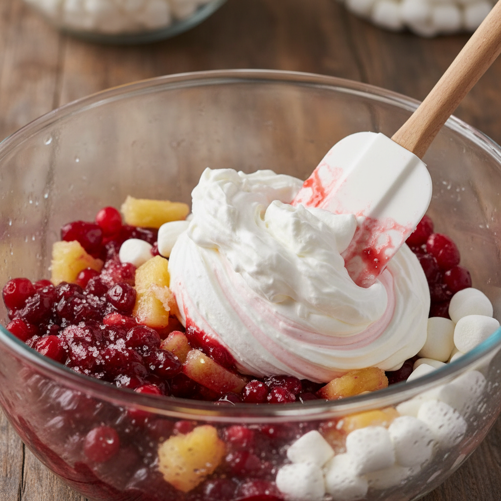 A spatula gently folding creamy whipped topping into a bowl with cranberries, pineapple, and marshmallows for cranberry fluff
