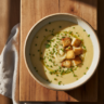 Creamy Roasted Cauliflower Soup — A rustic bowl of creamy roasted cauliflower soup, garnished with fresh chives and croutons,