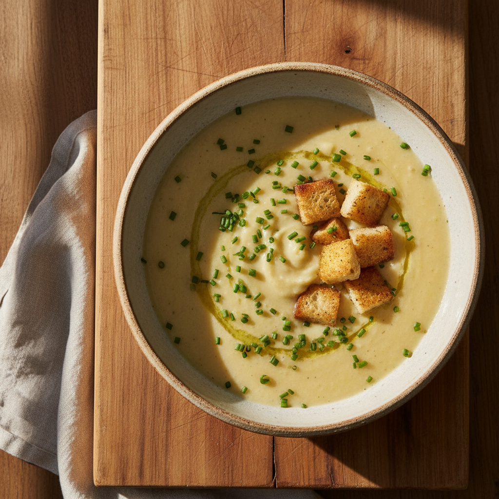 Creamy Roasted Cauliflower Soup 1 Creamy Roasted Cauliflower Soup — A rustic bowl of creamy roasted cauliflower soup, garnished with fresh chives and croutons,