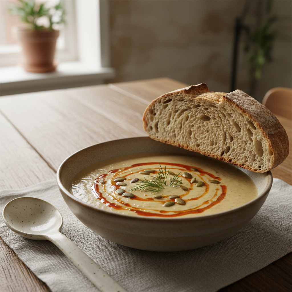 Creamy Roasted Cauliflower Soup 3 Creamy Roasted Cauliflower Soup — A perfectly plated bowl of creamy roasted cauliflower soup, garnished and served with crust