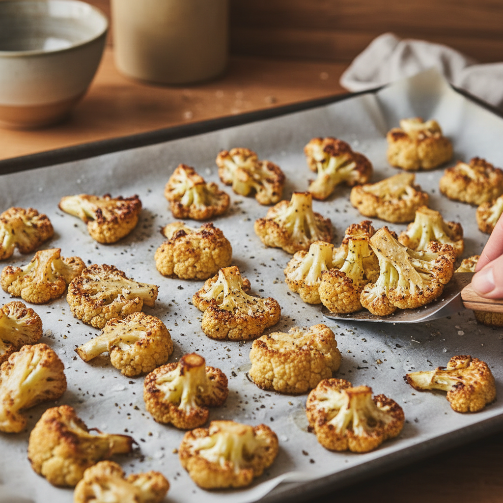 Creamy Roasted Cauliflower Soup 2 Roasting cauliflower florets on a baking sheet, golden and tender, a vital step for a delicious creamy cauliflower soup.