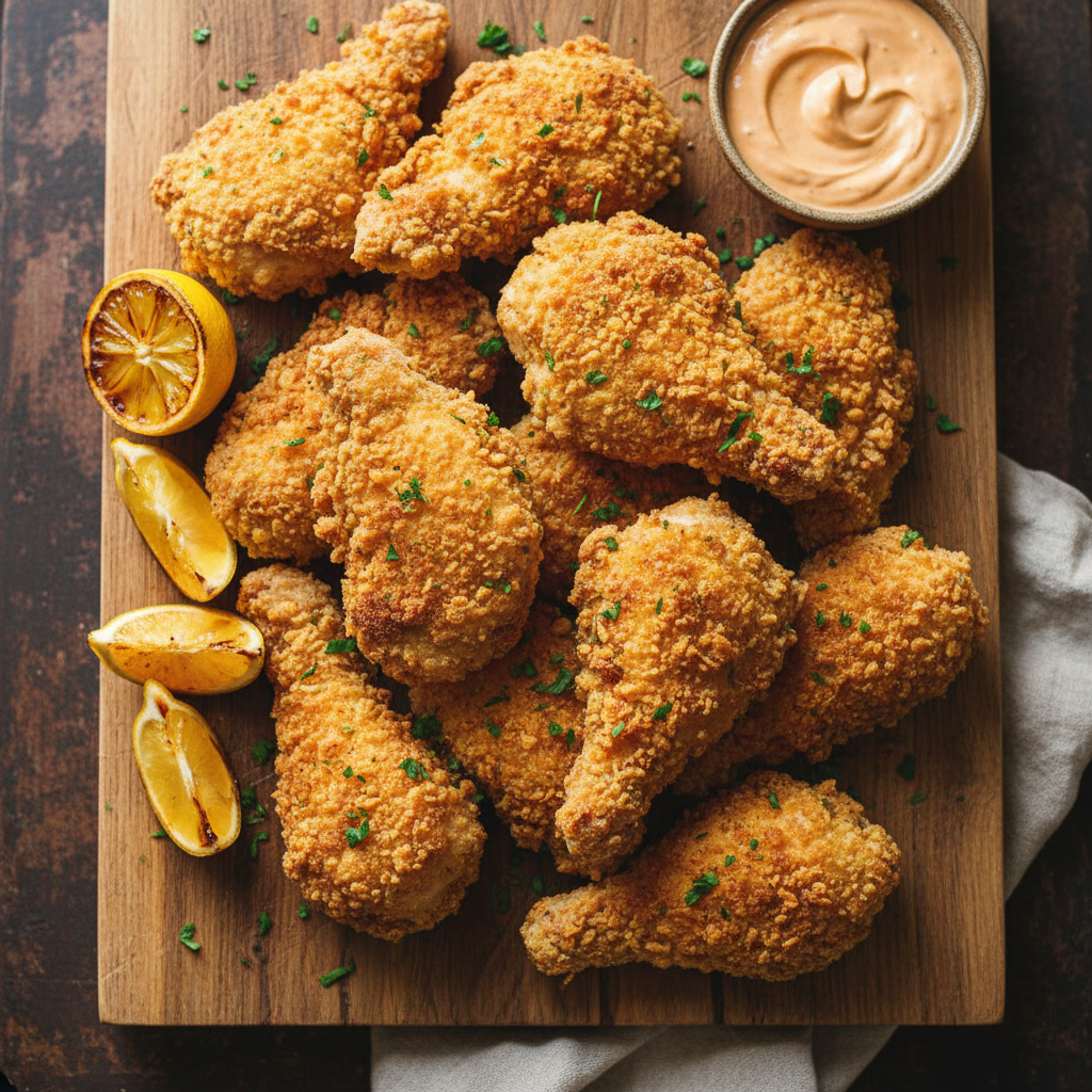 Overhead view of perfectly golden and crispy oven fried chicken pieces on a wooden board, ready to be served.