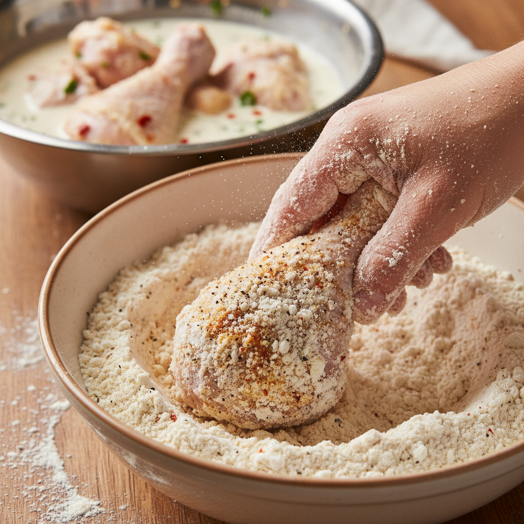 A hand coating a chicken drumstick in a seasoned flour mixture, demonstrating the breading process for crispy oven fried chic