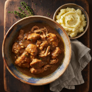 Overhead view of a rustic bowl of slow cooker chicken and gravy with mashed potatoes, showcasing the rich, creamy sauce.