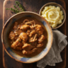 Overhead view of a rustic bowl of slow cooker chicken and gravy with mashed potatoes, showcasing the rich, creamy sauce.