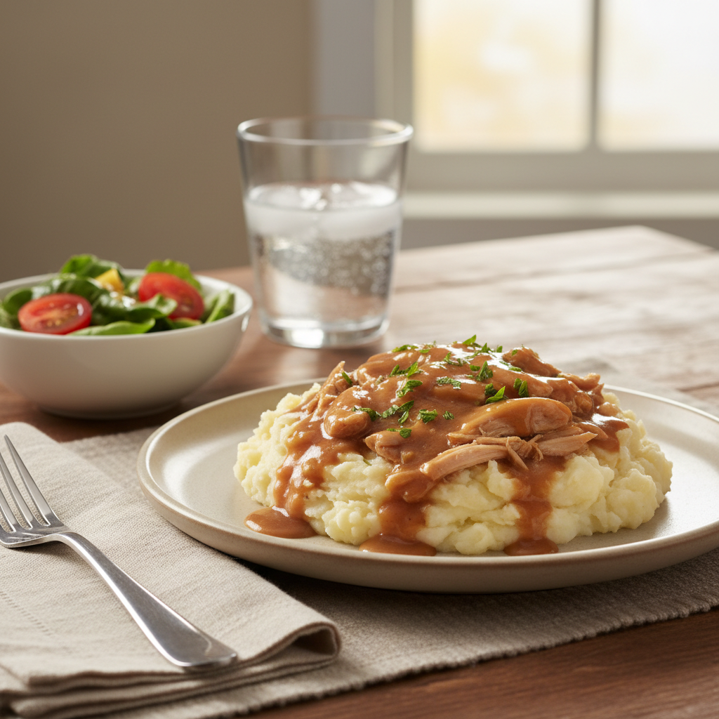 A plated serving of tender slow cooker chicken and gravy over mashed potatoes, garnished with parsley, ready to enjoy at dinn
