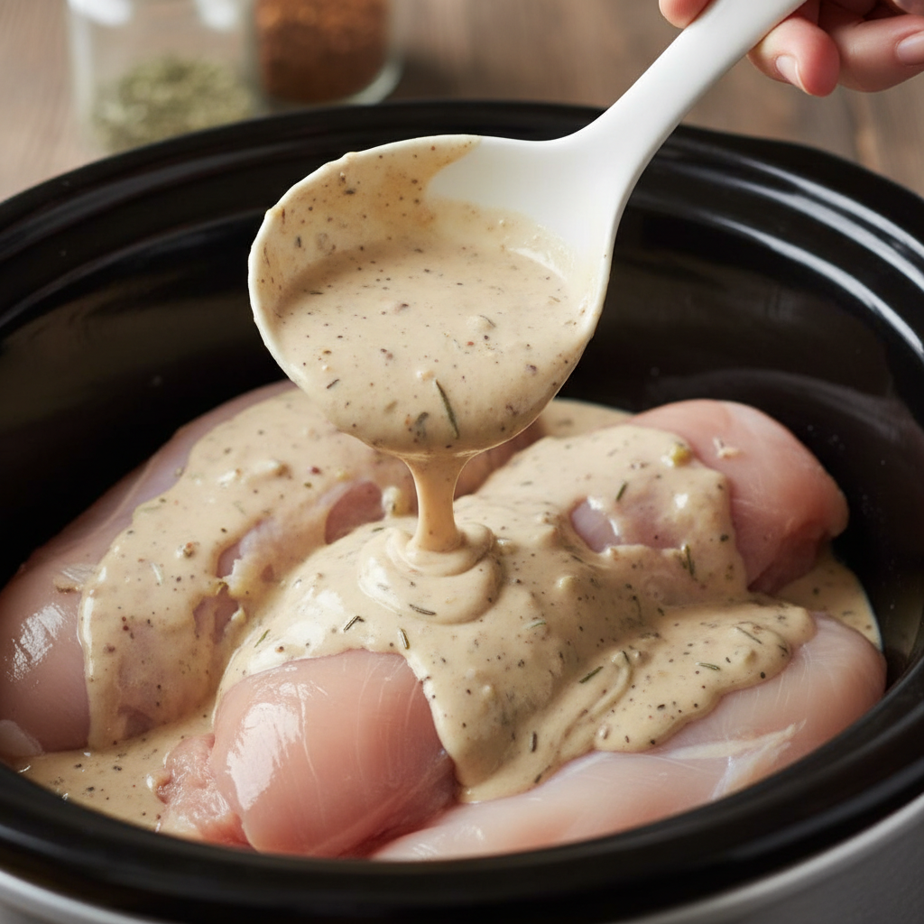 Close-up of raw chicken breasts in a slow cooker, covered with the uncooked creamy sauce for slow cooker chicken and gravy.