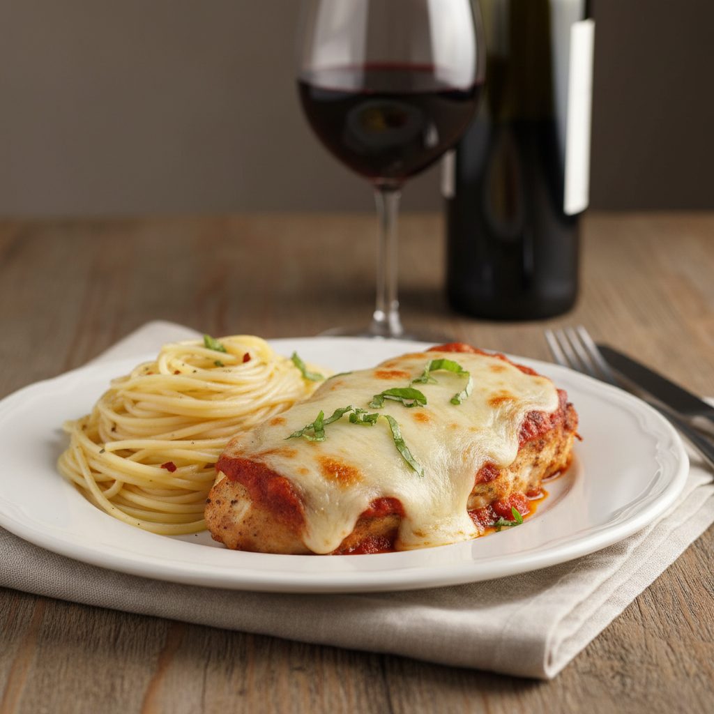 A beautifully plated serving of baked chicken parmesan with spaghetti, garnished with fresh basil, ready to enjoy at the dinn