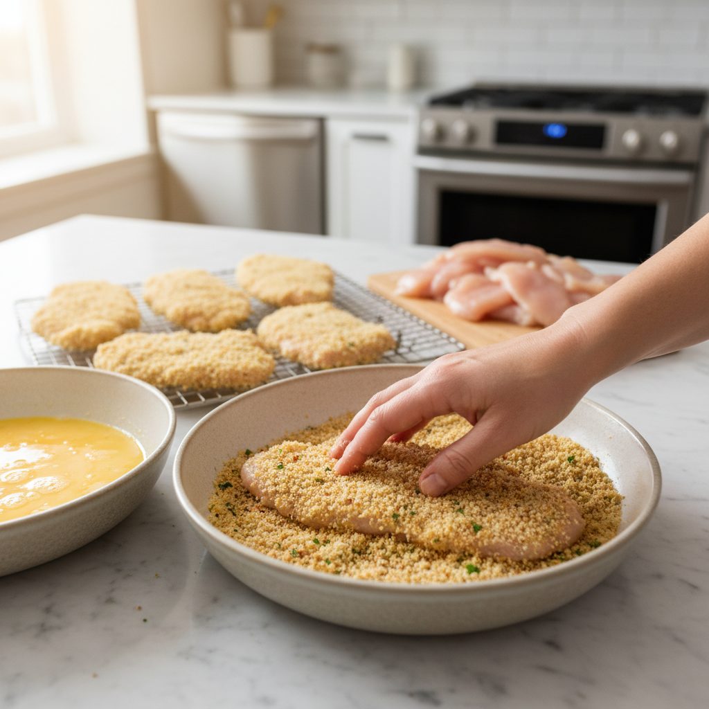 A hand breading a chicken cutlet in seasoned panko breadcrumbs, a key step in preparing baked chicken parmesan.