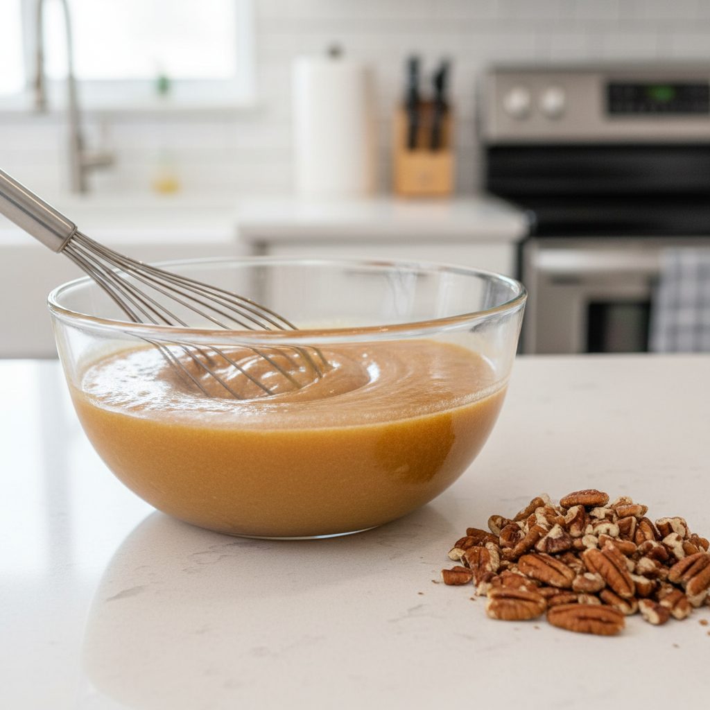 Close-up of a bowl with the gooey filling for pecan pie bars being whisked, with chopped pecans waiting nearby.
