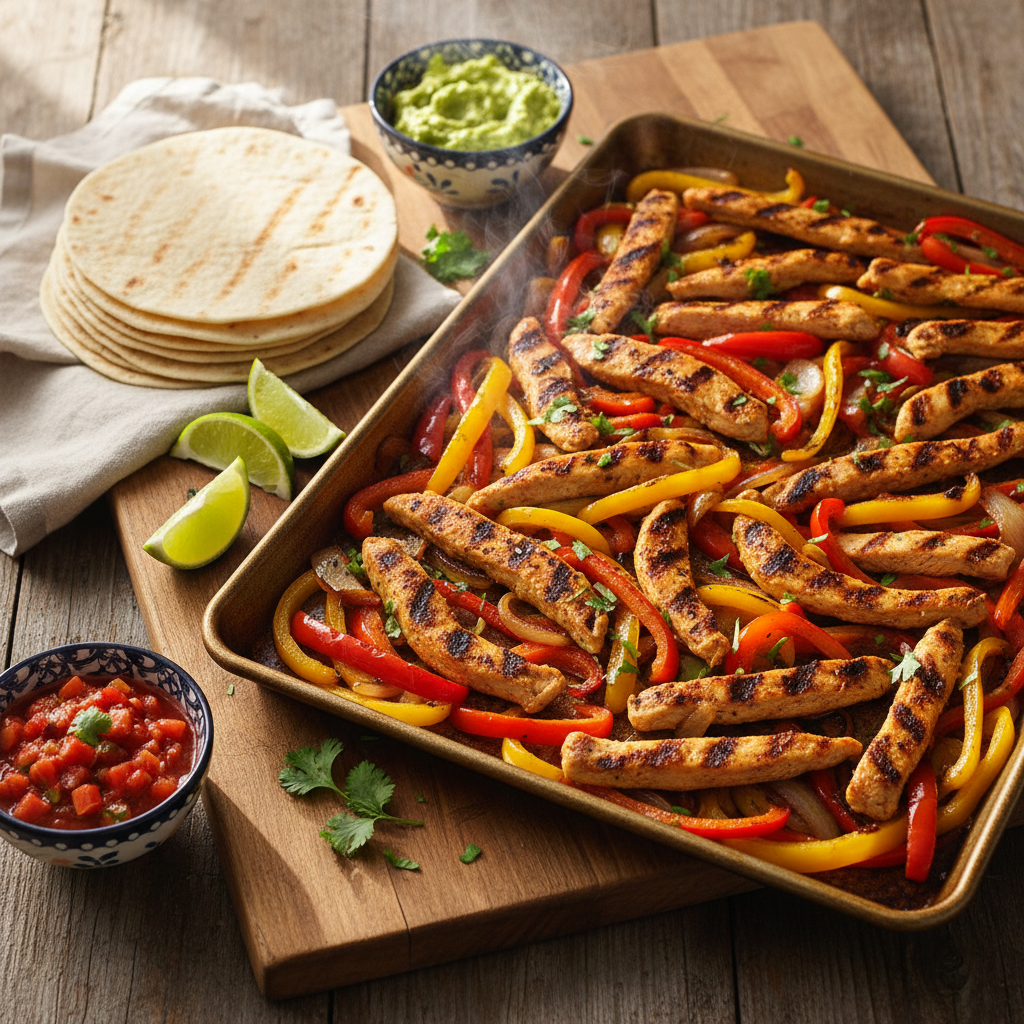 Overhead view of sizzling, colorful sheet pan chicken fajitas with charred chicken and vegetables, served on a rustic board w