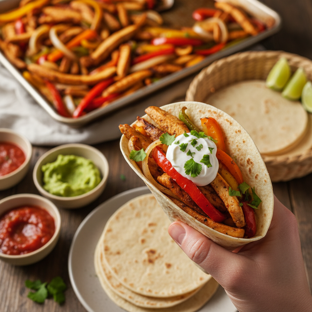 A hand holding a perfectly loaded and garnished chicken fajita, showcasing the delicious and easy sheet pan chicken fajitas r