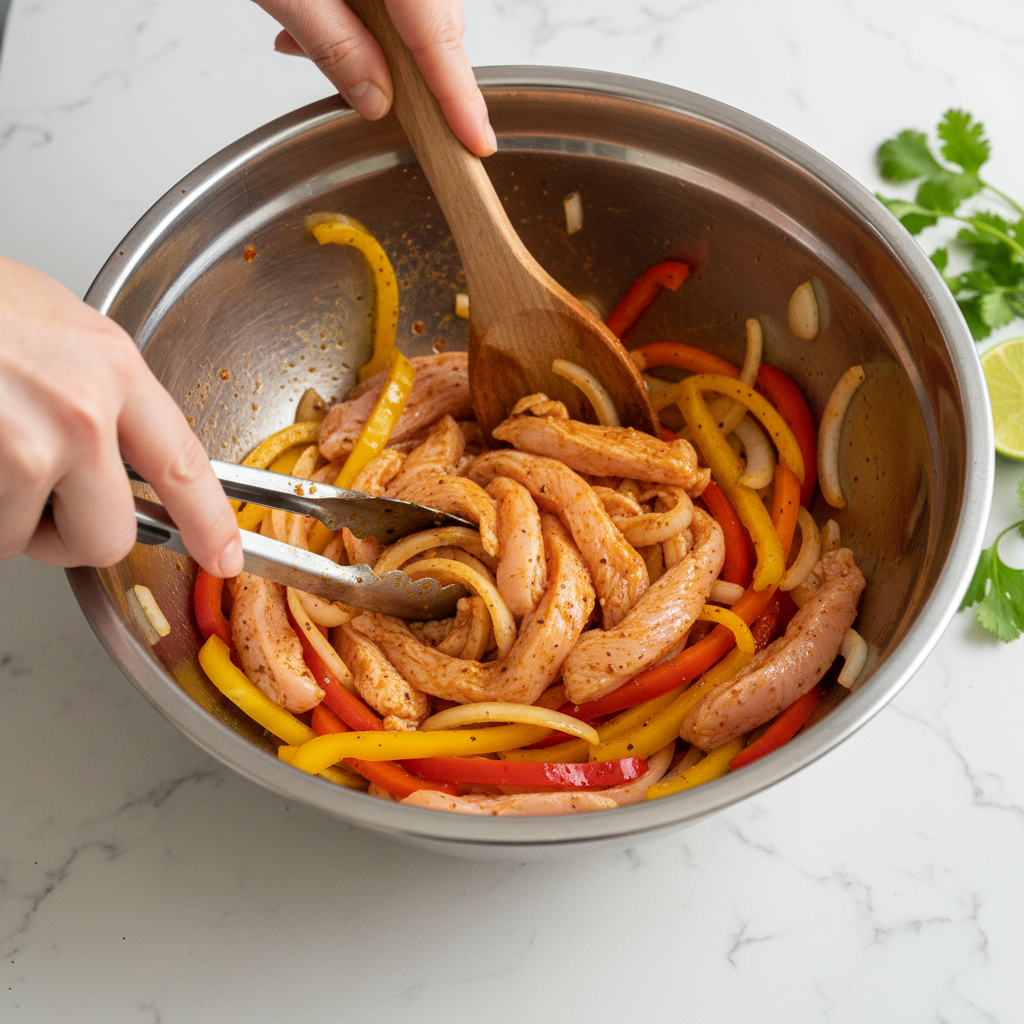 Close-up of chicken and sliced bell peppers and onions being tossed with fajita seasoning and olive oil in a bowl, preparing 