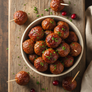 A bowl of sweet and tangy slow cooker cranberry meatballs garnished with parsley, ready to serve as an appetizer or main cour
