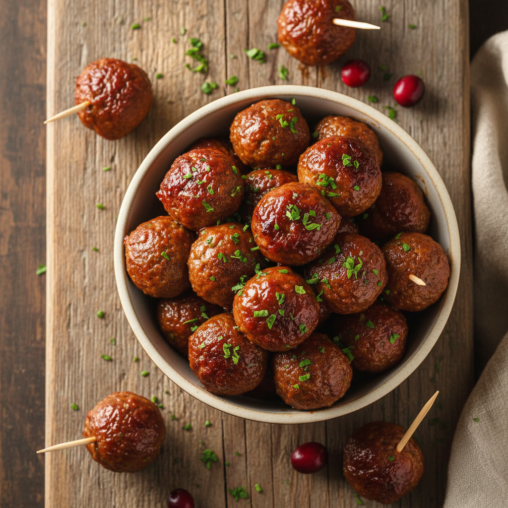 A bowl of sweet and tangy slow cooker cranberry meatballs garnished with parsley, ready to serve as an appetizer or main cour