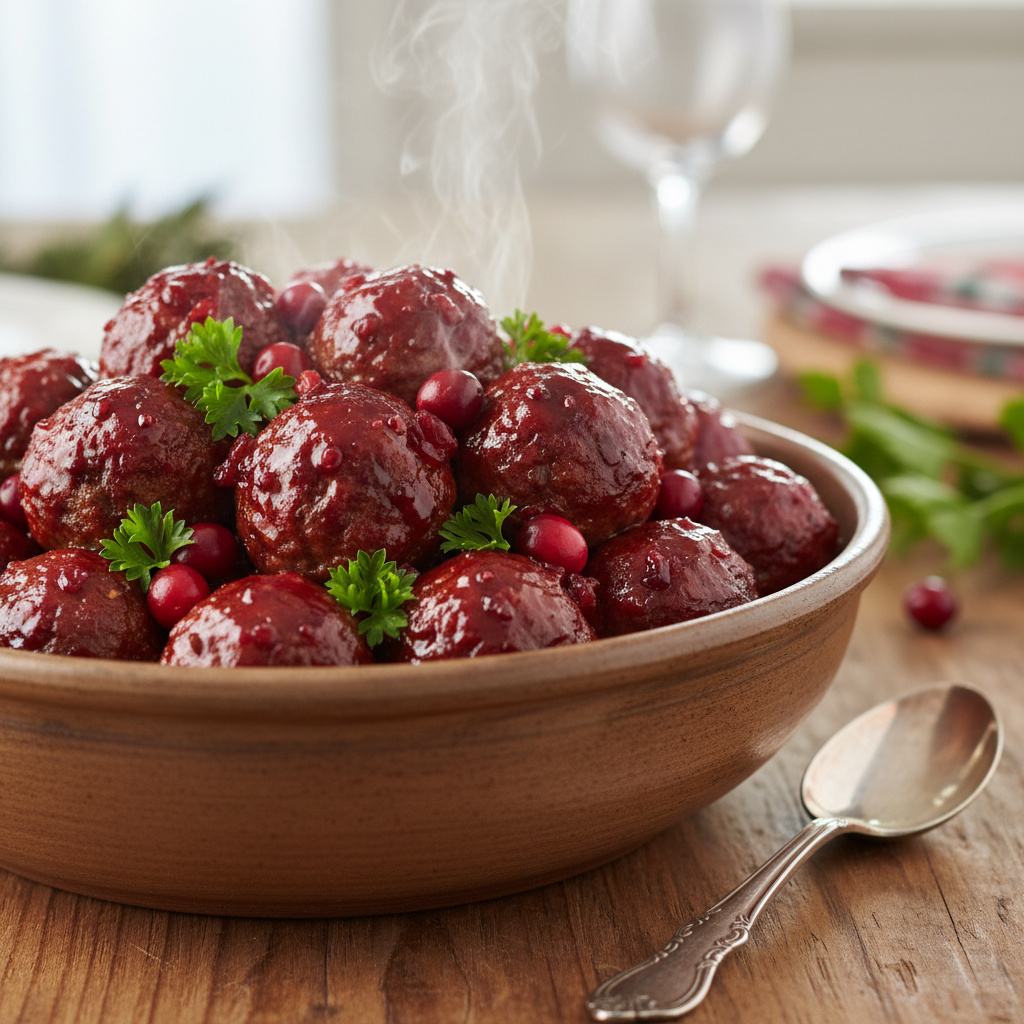 Slow cooker cranberry meatballs glazed and served in a bowl, ready to eat