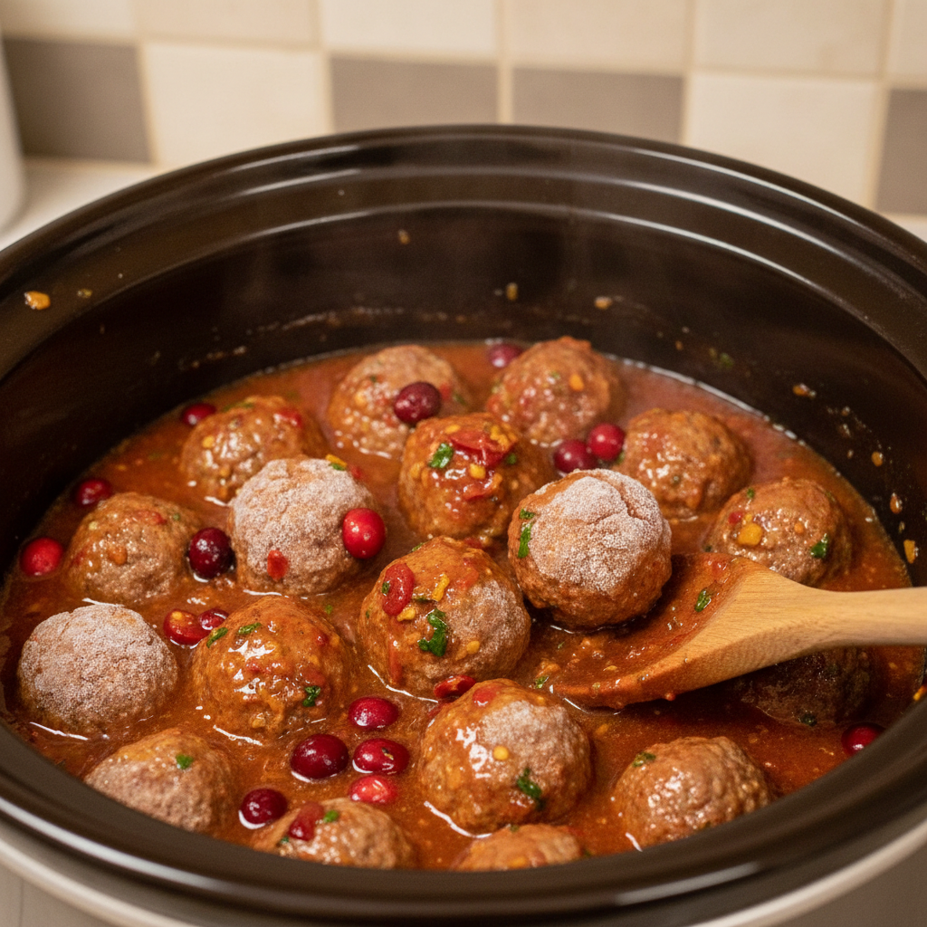 Frozen cooked meatballs being stirred into a vibrant cranberry and chili sauce inside a slow cooker, a key step for slow cook