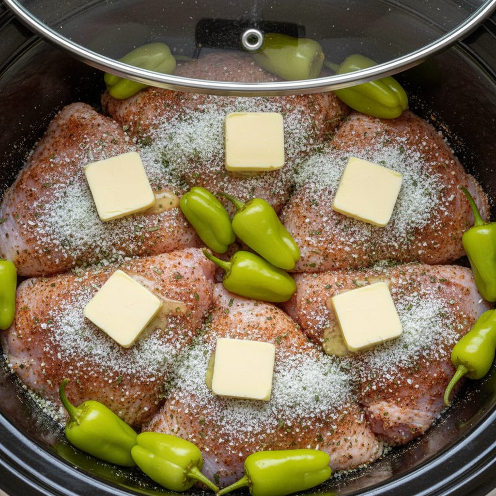 Raw chicken thighs being prepared in a slow cooker, with seasoning packets, butter, and pepperoncini added, a key step for sl