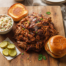 Overhead view of a delicious pile of slow cooker pulled pork on a wooden board, ready for serving.