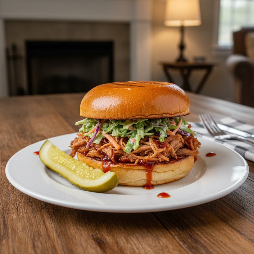 A perfectly assembled and plated slow cooker pulled pork sandwich with coleslaw and a pickle, ready to enjoy.