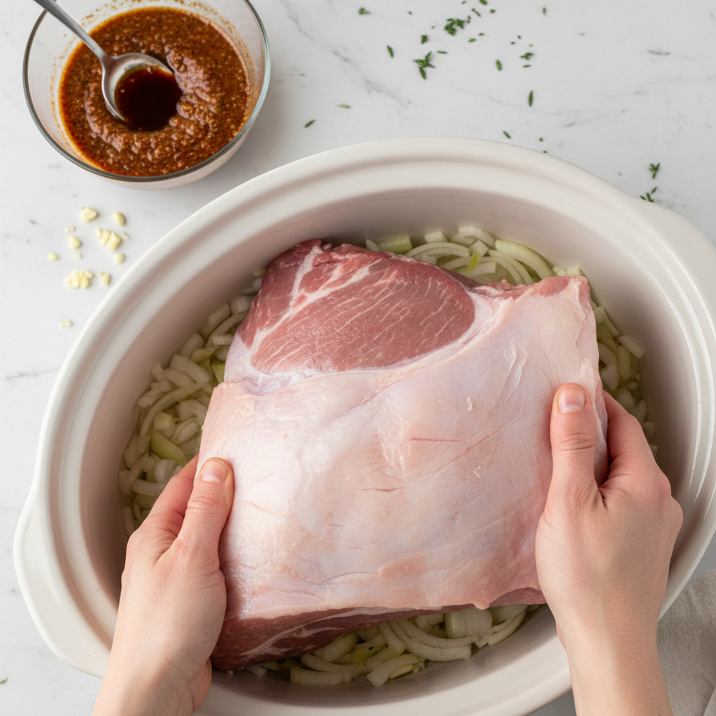 A raw pork shoulder being placed into a slow cooker with onions and garlic, a crucial step for making slow cooker pulled pork