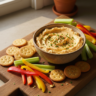 Overhead view of a bowl of creamy southern pimento cheese with crackers and vegetables, a perfect appetizer.