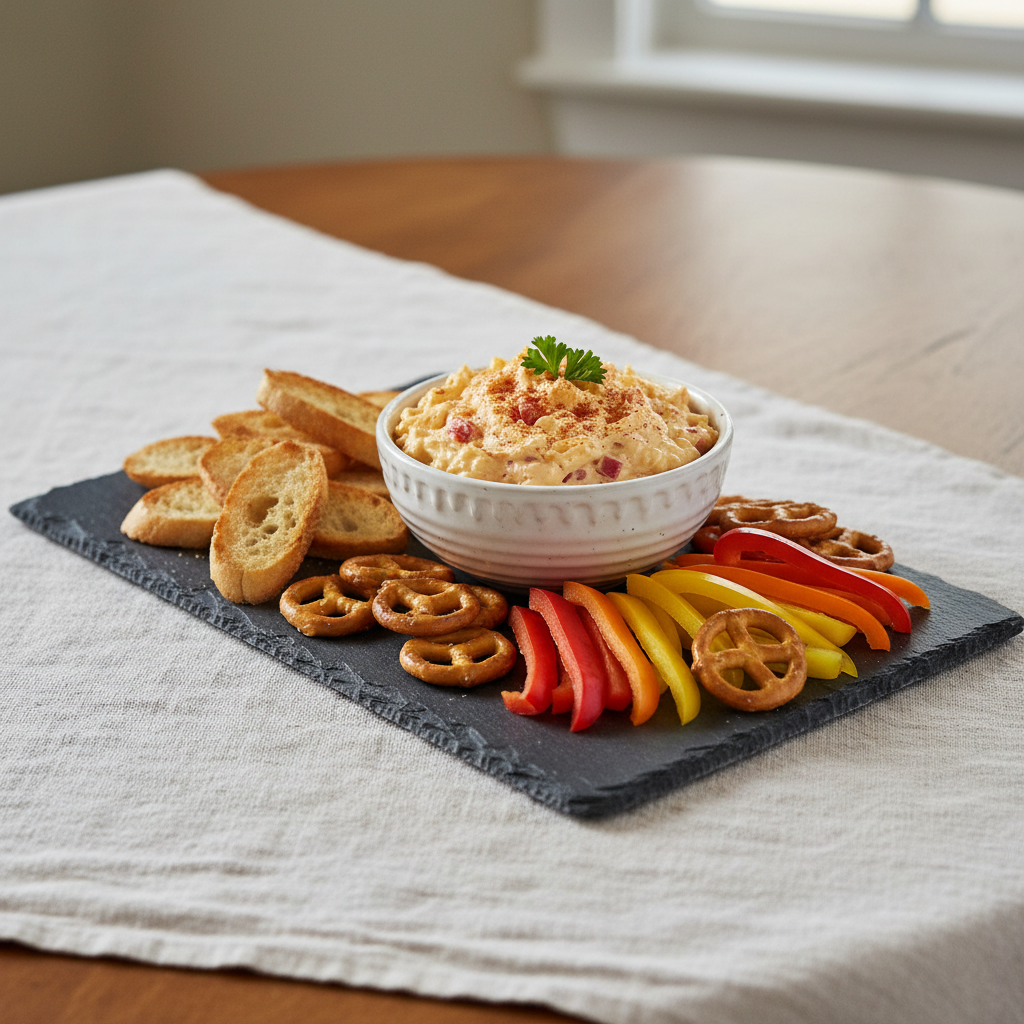 Easy Southern Pimento Cheese 3 Beautifully plated southern pimento cheese dip served with baguette slices and vegetables on a slate board, ready for a gathe
