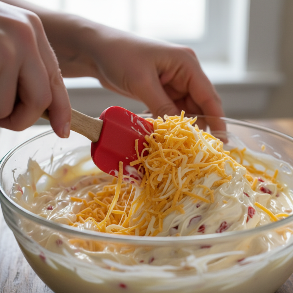 Easy Southern Pimento Cheese 2 Hands mixing freshly grated cheeses and pimentos into the creamy base to make homemade southern pimento cheese.