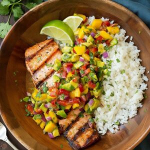 Grilled Salmon with Mango Salsa and Fluffy Coconut Rice 4 grilled salmon mango salsa coconut rice featured 1782782646433