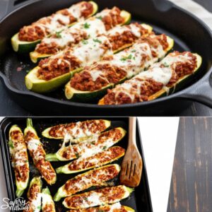 Easy Baked Stuffed Squash Halves with Savory Meat Sauce 4 ground beef zucchini boats featured 1785830079001
