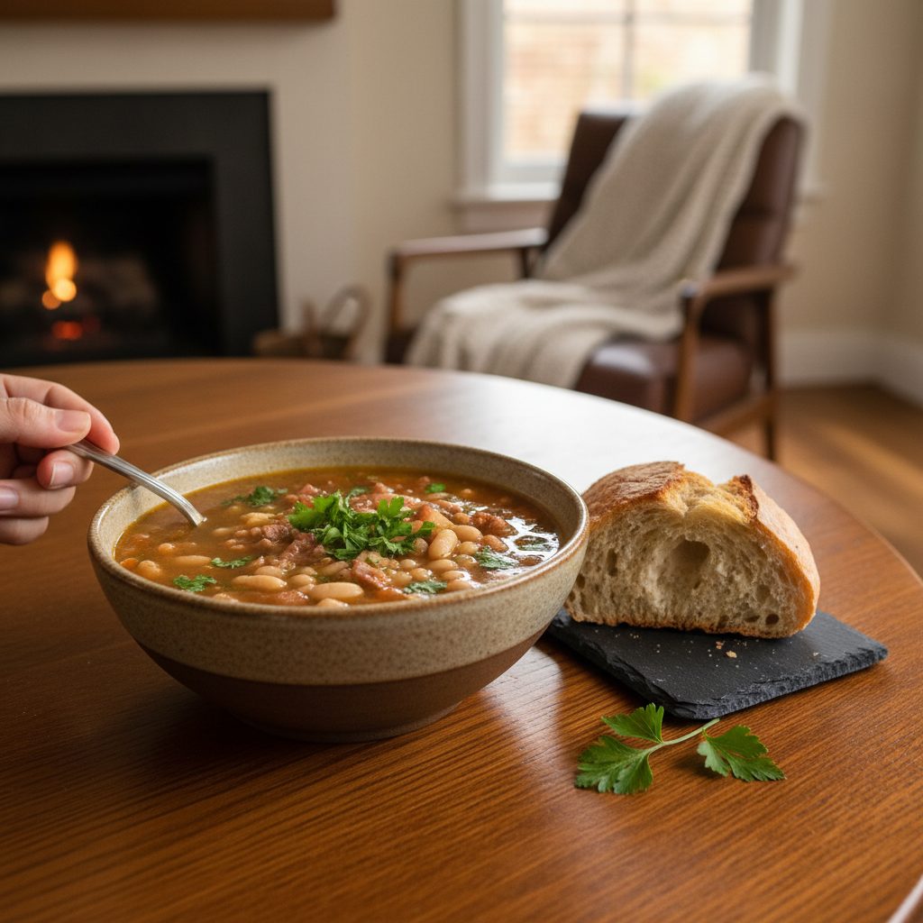 Hearty Ham and Bean Soup 3 A steaming bowl of ham and bean soup, garnished with fresh parsley and served with crusty bread, ready to eat on a cozy dinne