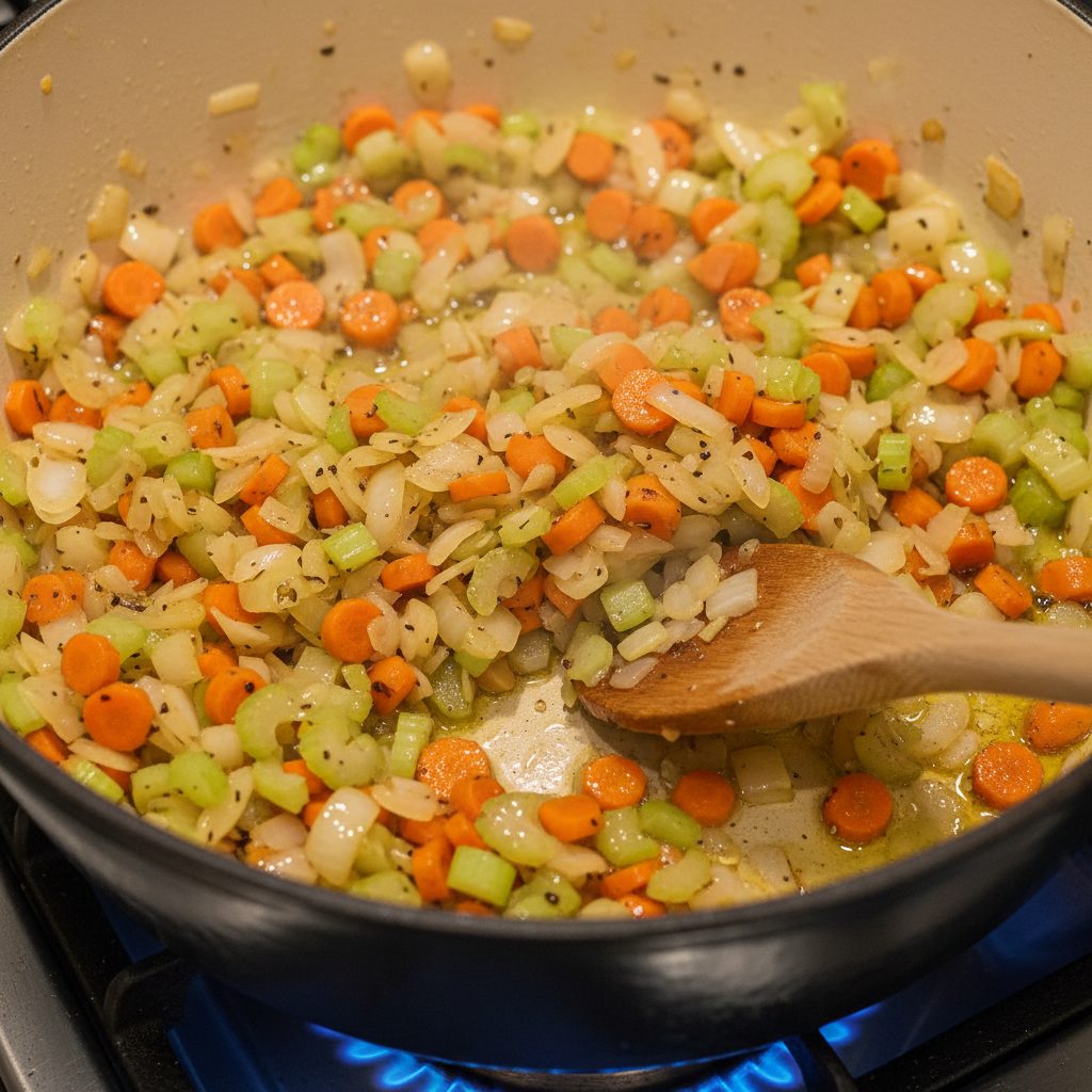 Hearty Ham and Bean Soup 2 Sautéing diced onion, carrots, and celery in a Dutch oven, building the flavorful base for a homemade ham and bean soup.