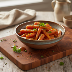 Honey Glazed Carrots 4 Overhead view of a bowl of glistening honey glazed carrots, garnished with fresh herbs, ready to be served.