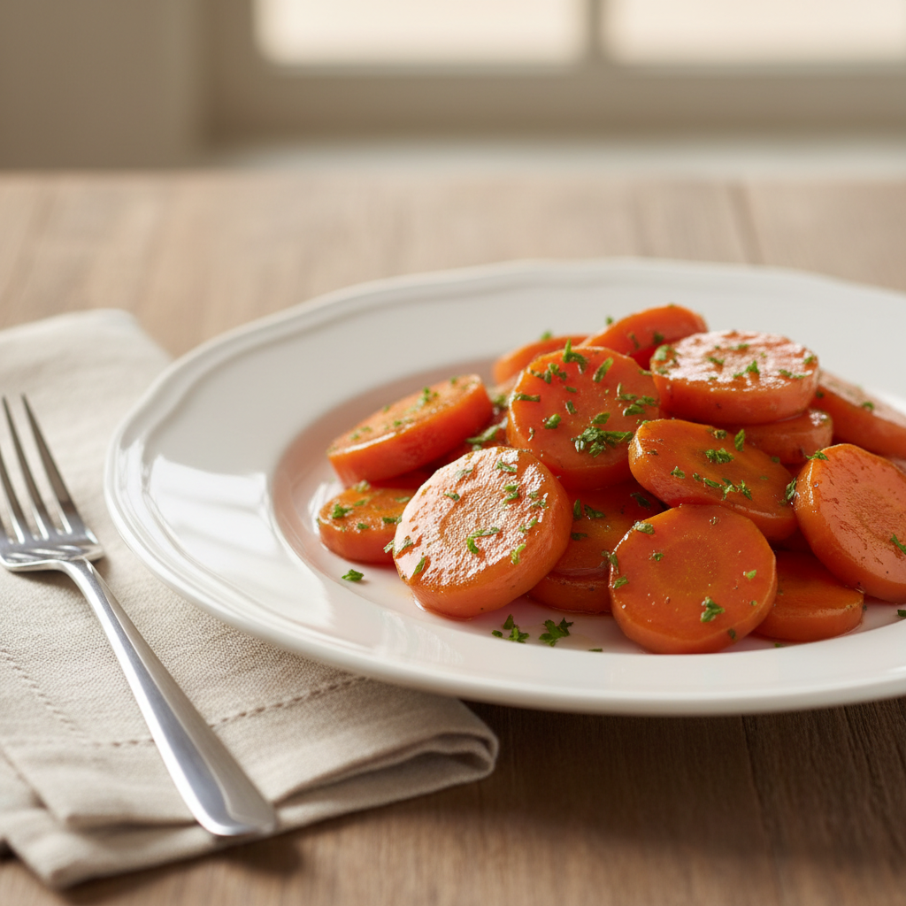 Honey Glazed Carrots 3 A side view of a serving of delicious honey glazed carrots on a plate, garnished with parsley, ready to eat.