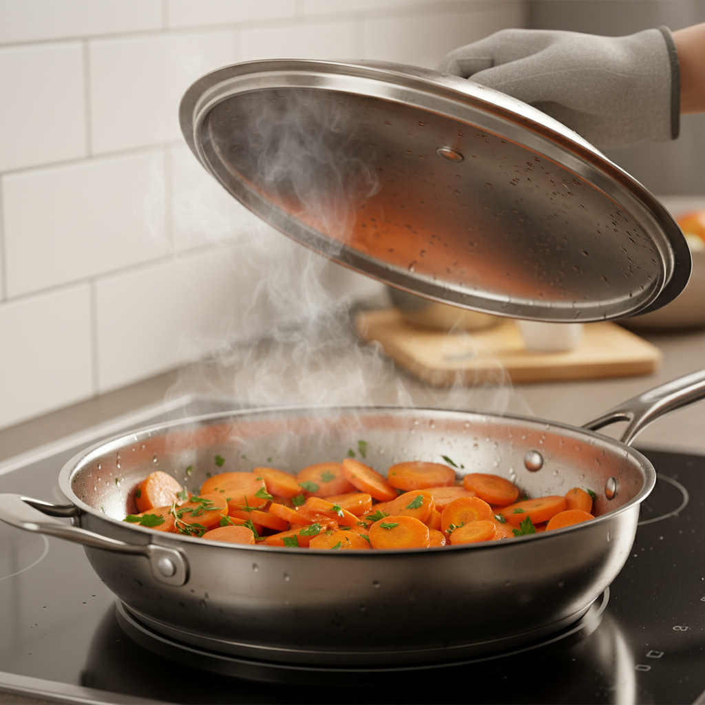 Honey Glazed Carrots 2 Sliced carrots steaming in a skillet, a key step in preparing tender honey glazed carrots.