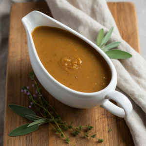 Make-Ahead Turkey Gravy — Overhead view of a white gravy boat filled with smooth, rich make-ahead turkey gravy, garnished wit