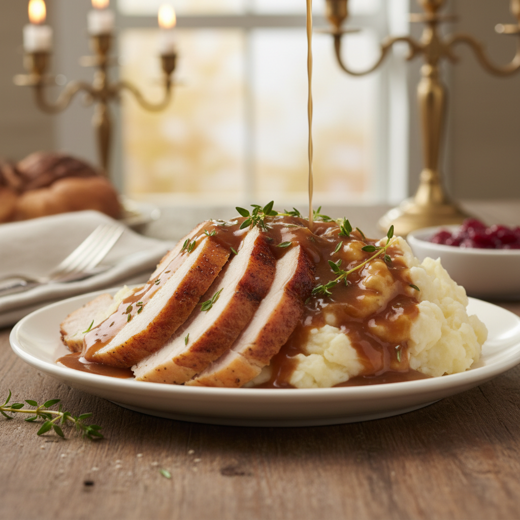 Make-Ahead Turkey Gravy — A Thanksgiving plate featuring sliced roasted turkey and mashed potatoes, generously topped with de