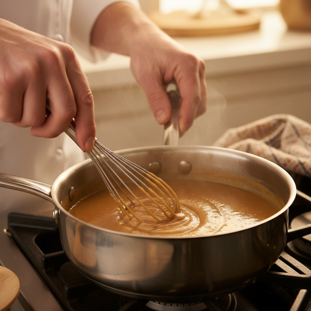 Make-Ahead Turkey Gravy — A close-up of a whisk stirring low-sodium turkey broth into a golden roux in a saucepan, demonstrat