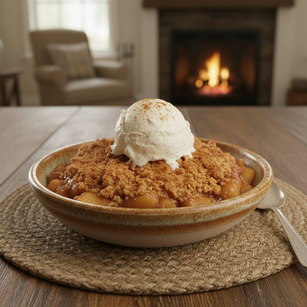 Old-Fashioned Apple Crisp 3 A warm, individual serving of old-fashioned apple crisp recipe, topped with melting vanilla ice cream, ready to enjoy.