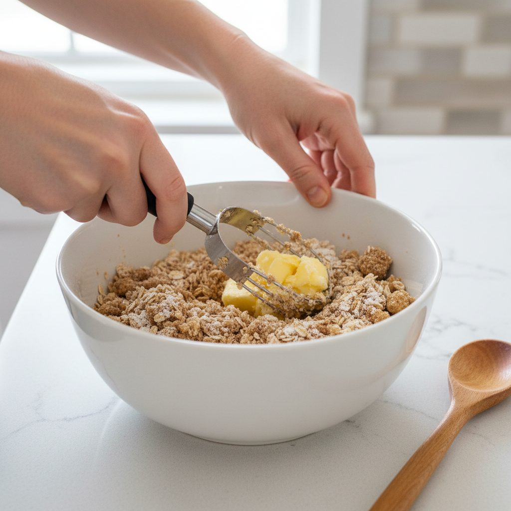 Old-Fashioned Apple Crisp 2 Hands mixing cold butter into an oat and flour mixture to create the crunchy topping for an old-fashioned apple crisp recipe.